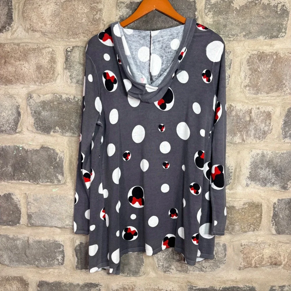Disney Minnie Mouse Polka Dot‎ Hooded Open Front Cardigan Gray Women Size 2